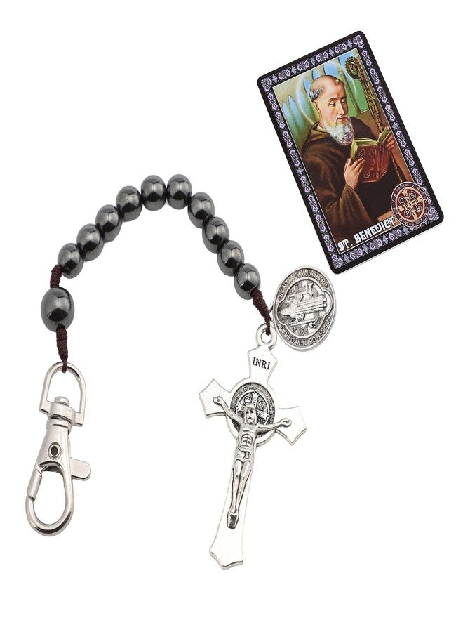 BigPig One Decade Pocket Rosary with St Benedict Medals,Catholic Black Small Rugged Rosary Beads for Men Women Catholic Gift,Crucifix Rosary Keychain,Medalla De San Benito Rosarios Catolicos Para Hombre - Image 1